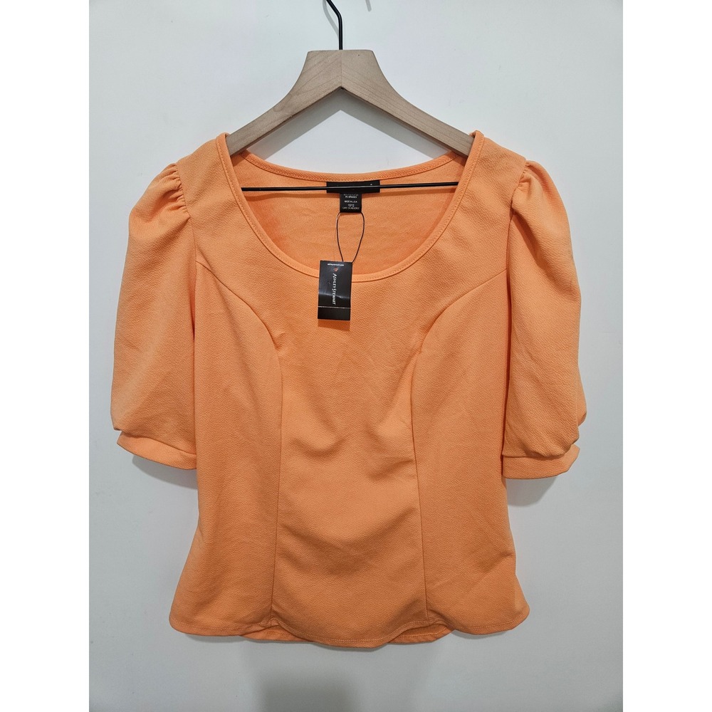Ashley Stewart Papaya Orange Puff‎ Elbow Sleeve Scoop Neck Blouse Top 10/12 NWT